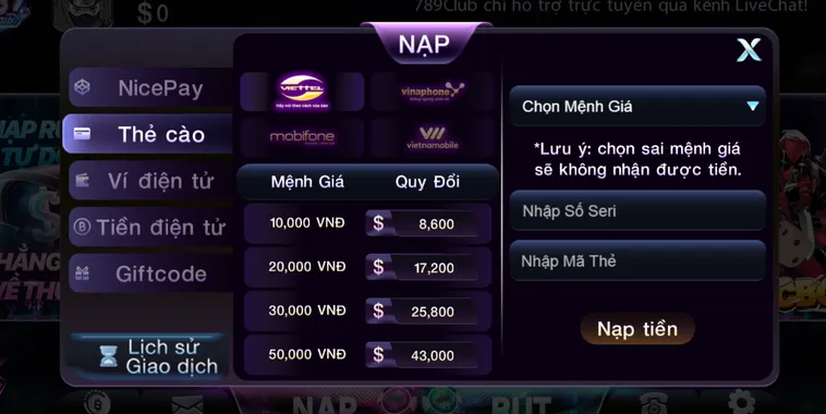 Nạp tiền ằng thẻ cào an toàn bảo mật tiện lợi  - hỗ trợ mọi nhà mạng.