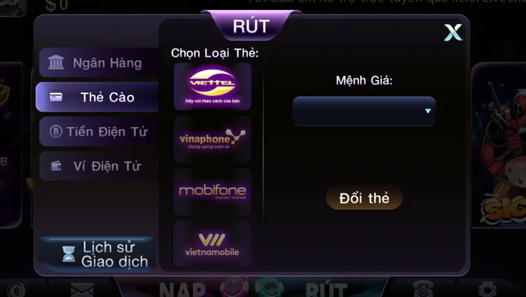 Phương thức rút tiền bằng thẻ cào  - hỗ trợ mọi nhà mạng.
